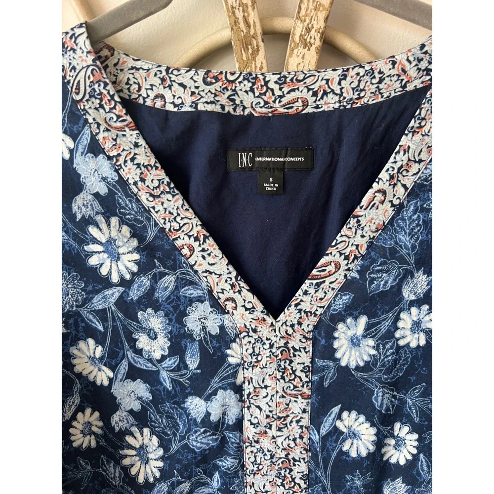 INC International Concepts Navy Blue Floral Patchwork Cotton Midi Dress Womens S - Picture 3 of 5